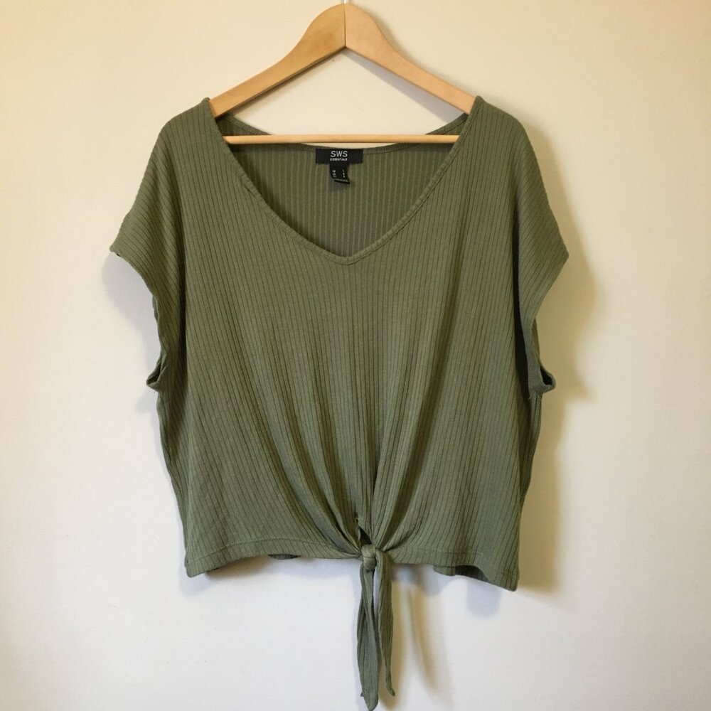 Streetwear Society Moss Green Ribbed V-Neck Tie-Hem Top | Size L | Goblincore